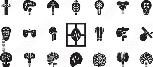 Collection of black and white anatomical organ icons arranged in a grid pattern on a white background