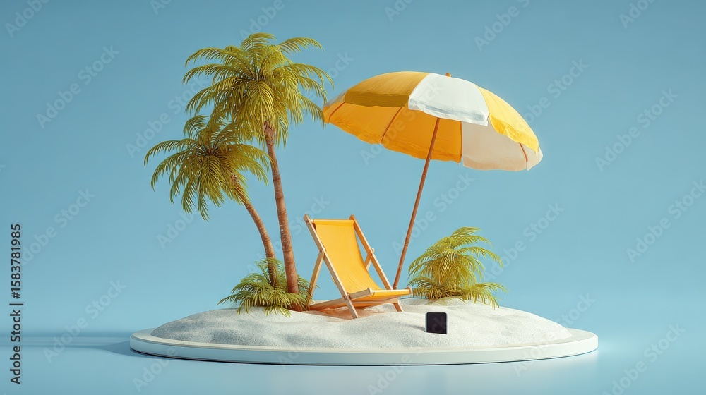 Obraz premium 3d illustration. Palms and beach with chair, Beach umbrella and Smartphone on sand. Travel and Summer vacation concept., no logos, no brands