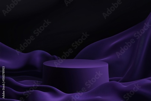 Purple shiny catwalk for product demonstration. Giveaway podium. Scene for award, decor element background. Abstract studio stage, dark violet silk fabric wall. Cosmetic presentation. Creative mock up