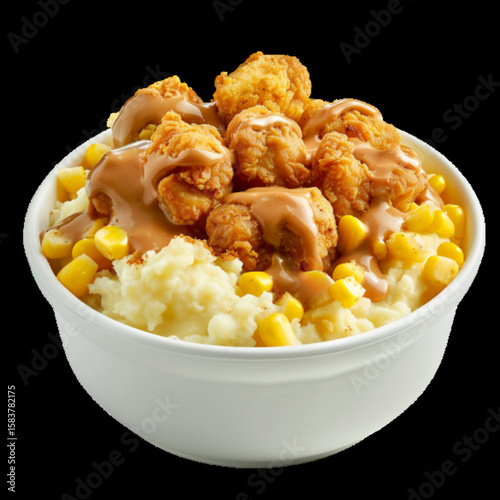 Hearty chicken bites meal with mashed potatoes and corn isolated on transparent background