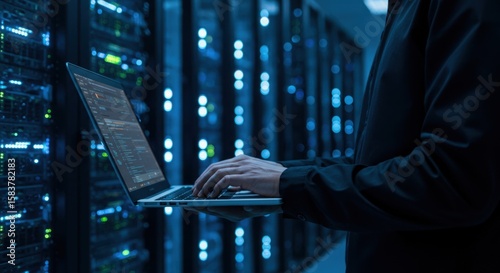 It professional works on a laptop in a dimly lit server room filled with glowing blue and green lights