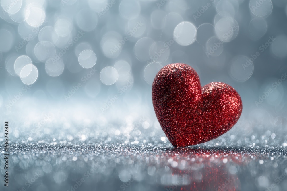 Fototapeta premium Red heart on a sparkling glitter background lit by soft light creates a charming romantic atmosphere perfect for celebrations or decorative occasions