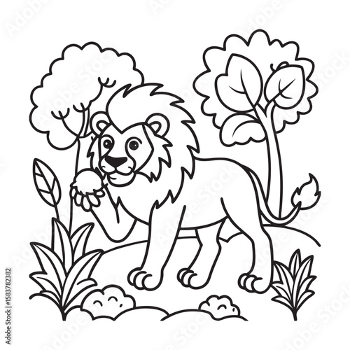 line art cute lion walking in forest kids for colouring page