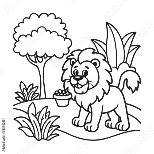 line art cute lion walking in forest kids for colouring page