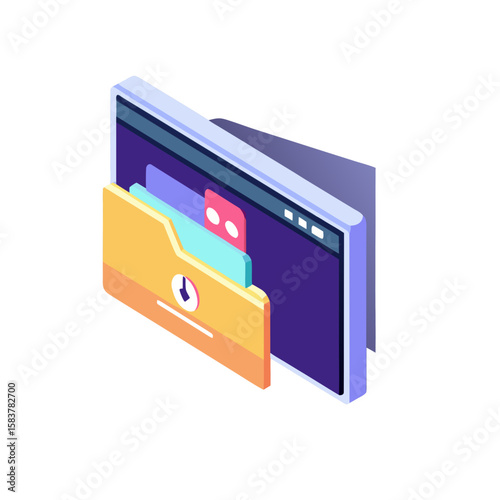 Colorful uploading icon featuring a folder and content on a digital interface for file management and data transfer concepts