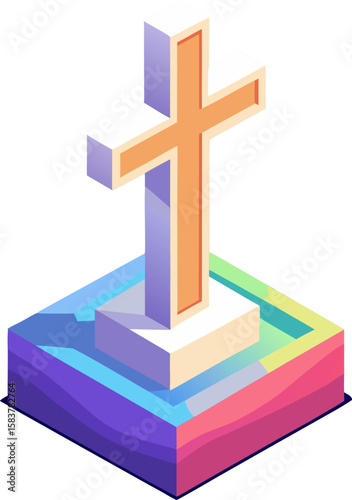 Colorful cross icon on a pedestal symbolizing faith and spirituality for religious concepts