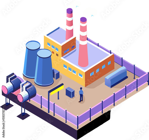 Colorful factory icon with industrial smokestacks and machinery in a modern manufacturing setting