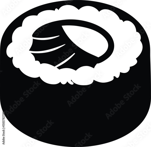 Sushi silhouette with circular roll, rice texture, and central filling for iconic Japanese food symbol
