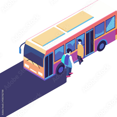 Colorful city bus icon with passengers boarding and alighting for urban transport and travel concepts