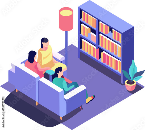 3D icon of three people chatting comfortably on a sofa in a cozy living room with bookshelves and a lamp