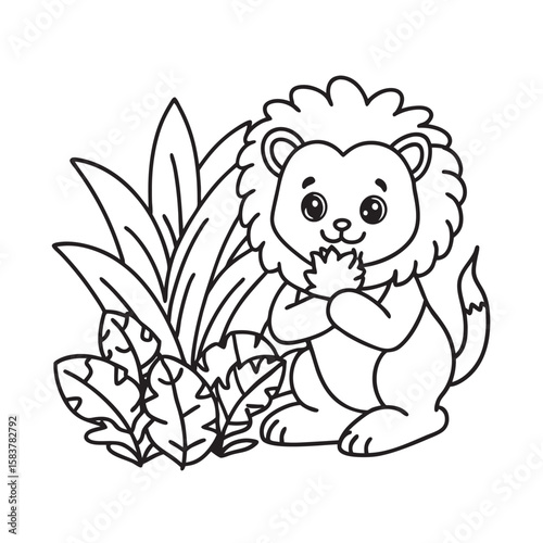 line art cute lion walking in forest kids for colouring page