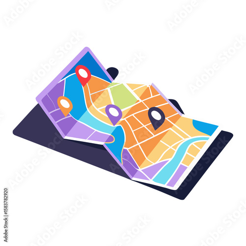 Vector folded map icon in flat design style, colorful, navigation concept