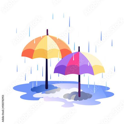Vector rain icon with umbrellas in flat design style, colorful, weather concept