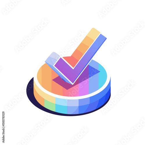 Colorful checkmark icon on a round colorful badge in flat design style 