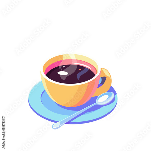 Isometric coffee cup icon filled with black coffee on saucer with spoon for beverage representation