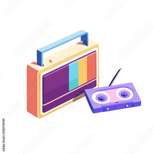Isometric delete icon featuring a retro cassette tape and video player for multimedia deletion concepts