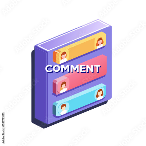 Isometric comment icon with user avatars and text bubble for feedback and social interaction representation