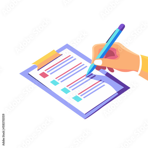 Isometric document icon with checklist and hand holding a pen for task management and organization