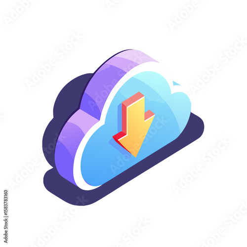 Isometric cloud download icon with downward arrow for cloud storage and data transfer concepts