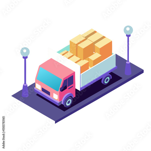 Isometric delivery truck icon loaded with boxes for shipping and logistics representation