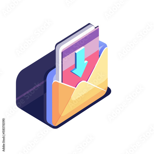 Isometric email icon with a download symbol representing digital correspondence and information sharing