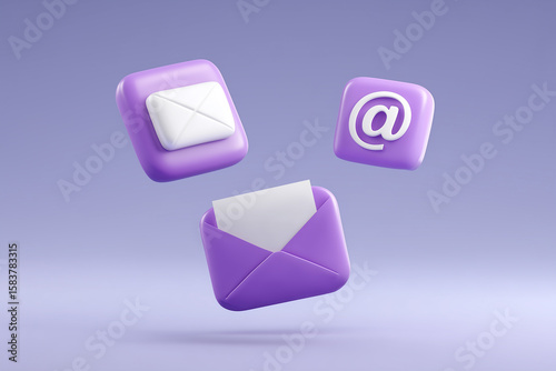 Digital 3D purple email icons on light purple background, modern technology