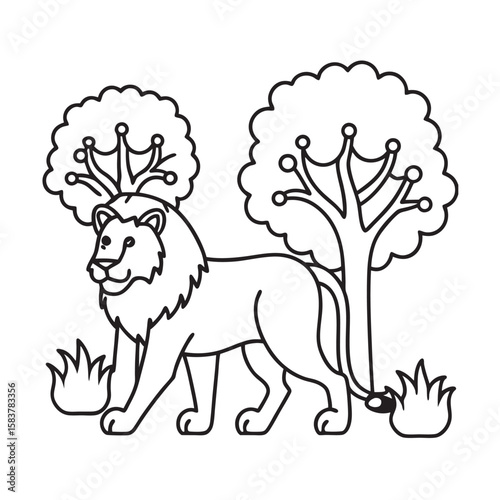 line art cute lion walking in forest kids for colouring page