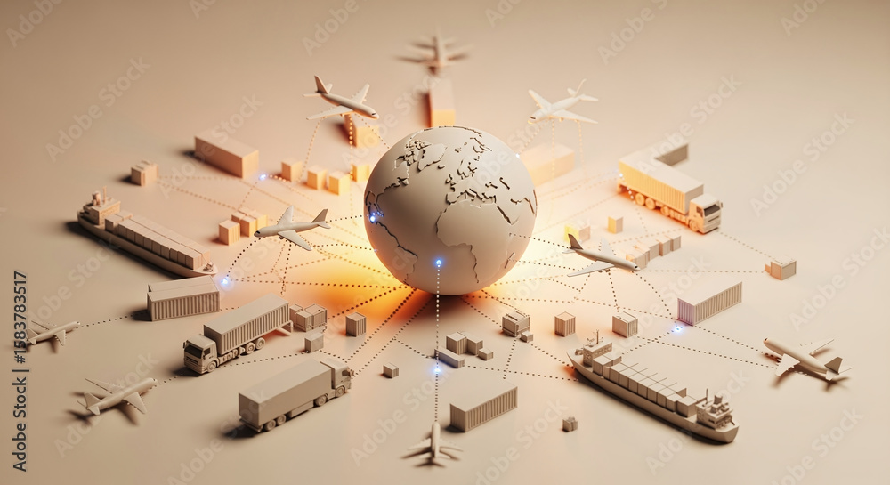 Fototapeta premium 3D globe with global transportation and logistics elements