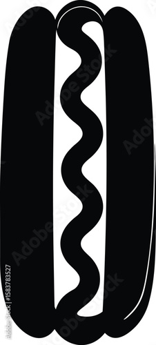 Hot dog silhouette with bun, sausage, and wavy condiment line for classic fast food icon