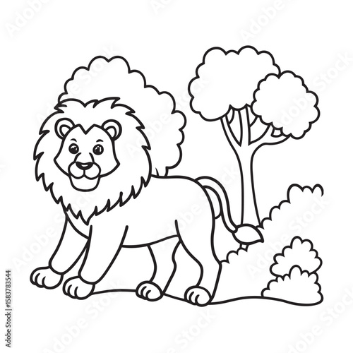line art cute lion walking in forest kids for colouring page