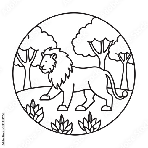 line art cute lion walking in forest kids for colouring page