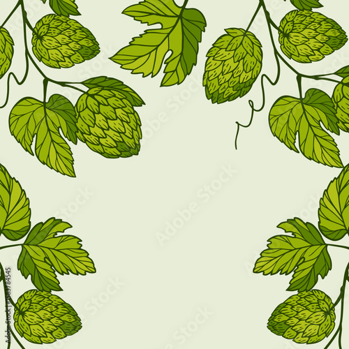 colorful background with a picture of brewing hops and a place for text. cones, leaves and curls of hops