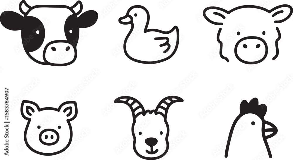 Obraz premium Collection of six cute farm animal faces including a cow duck pig goat and chicken isolated on transparent background