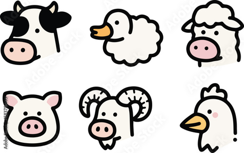 Cute cartoon farm animal heads including cow sheep pig duck and chicken isolated on transparent background