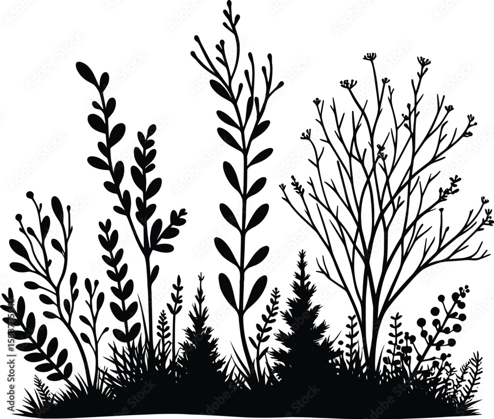 Naklejka premium Tree, bushes & Foliage black silhouette vector illustration on isolated white background