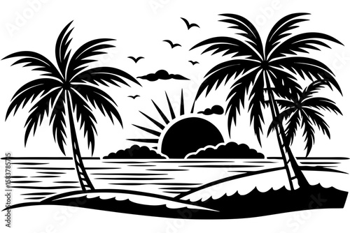Tropical Sunset Beach Scene in Vibrant Line Illustration