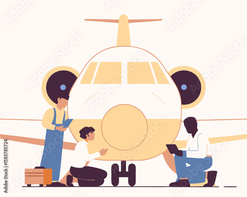 Aviation maintenance team inspecting aircraft with digital devices against a neutral white background in an illustrative flat design