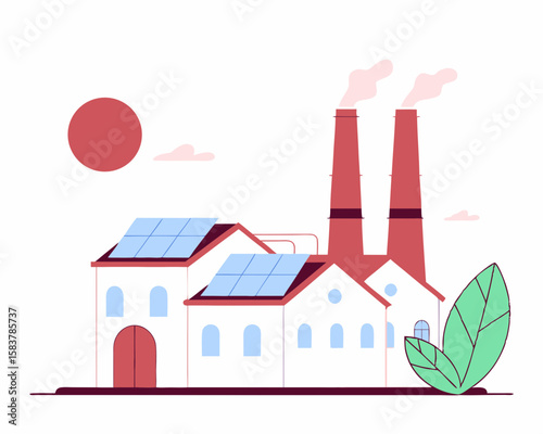 Clean energy factory illustrated with solar panels and smoke stacks representing a sustainable and environmentally friendly concept
