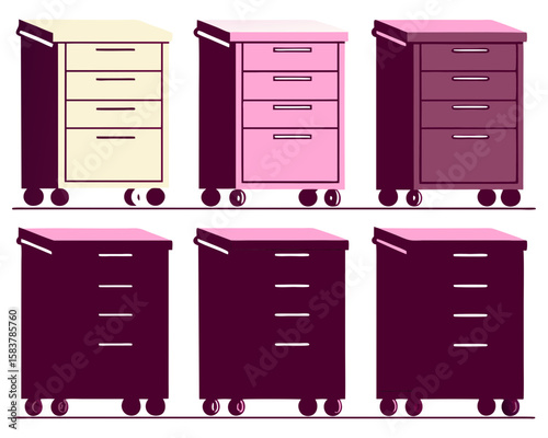 Collection of stylized flat design illustrated filing cabinets in various colors and designs with transparency effects