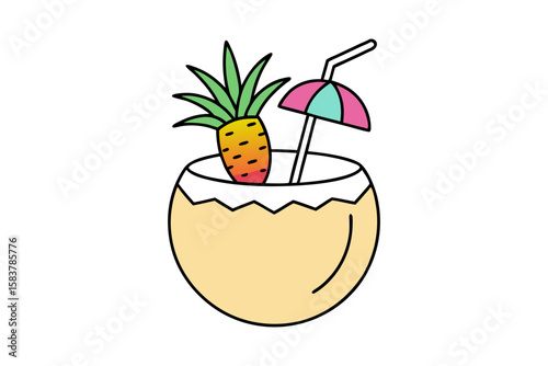 Piña Colada in Coconut Vector with Pineapple and Tropical Feel