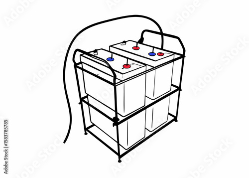 Depiction of battery rack with electrical connections and red and blue dots isolated on a white background