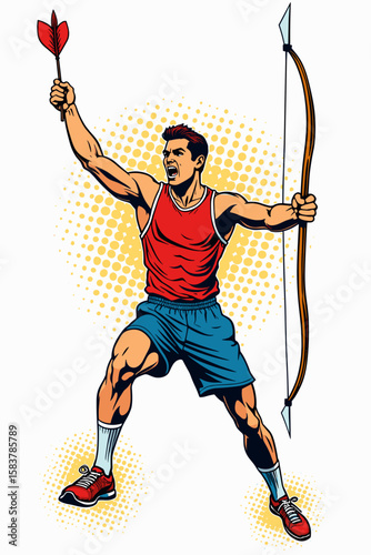 Athletic man holding a bow and arrow, expressing determination and strength, pop art style, copy space