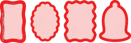 Four decorative red and pink shapes with wavy edges and a bell shape isolated on transparent background
