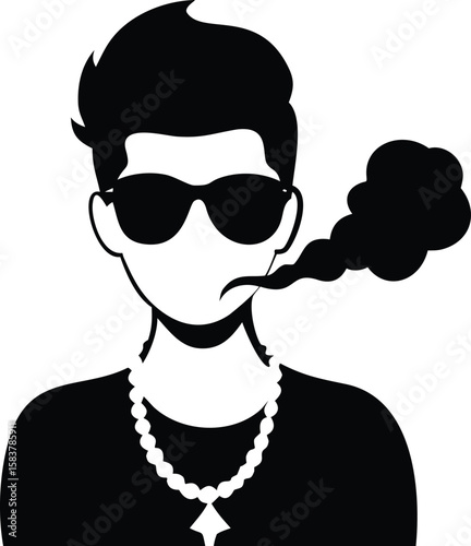 Black and white illustration of a young man wearing sunglasses and a necklace exhaling smoke vector
