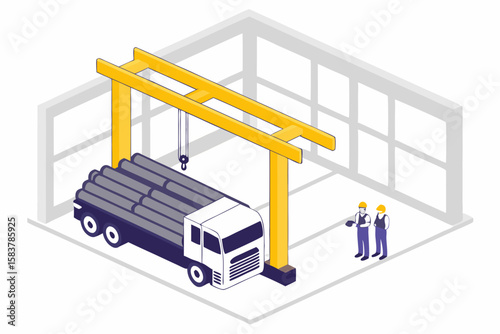 Isometric illustration of a truck carrying pipes beneath a gantry crane with workers in the industrial setting