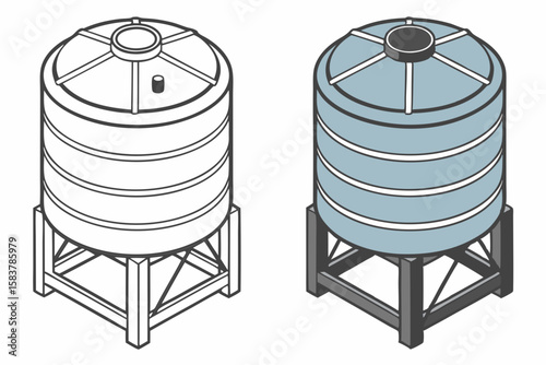 Isometric view of water tank illustration featuring two variations black and white outline and full color on a white background
