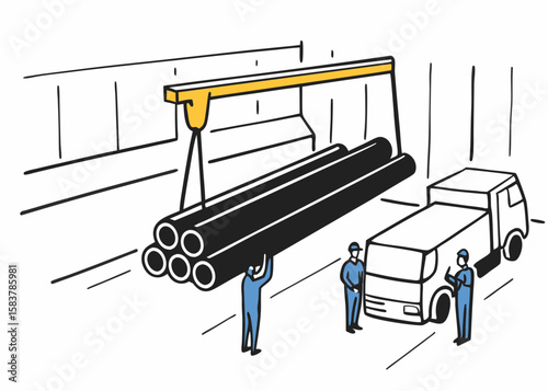Loading and transportation illustration depicting crane lifting pipes into a truck with workers in a factory environment