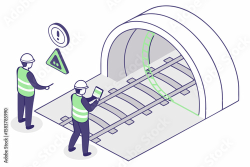 Railway construction workers inspecting tracks with tablet safety signs warning construction site management concept