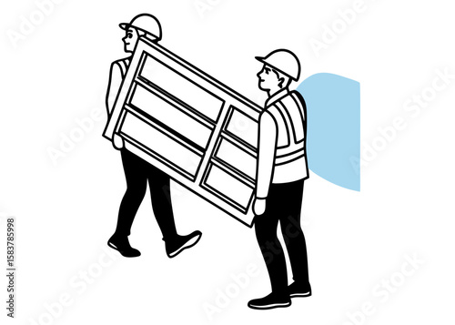 Two construction workers carrying a door outline illustration demonstrating teamwork and the building industry's collaborative efforts