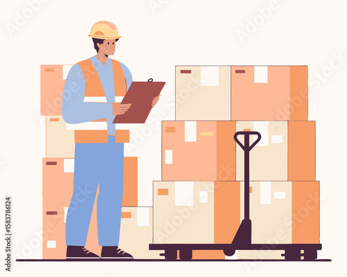 Warehouse worker with clipboard supervising cardboard boxes and pallet truck delivering products for shipping